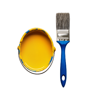 Pot de peinture jaune ouvert et pinceau bleu, diagnostic plomb