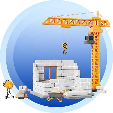 Modèle 3D représentant un projet de construction avec grue, structure en briques et équipements de chantier
