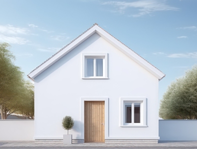 Maison moderne blanche avec toit à deux pans, entrée en bois et jardin arboré